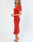 Jacquard Brick Puff Sleeve Satin Midi Dress