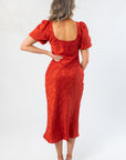 Jacquard Brick Puff Sleeve Satin Midi Dress