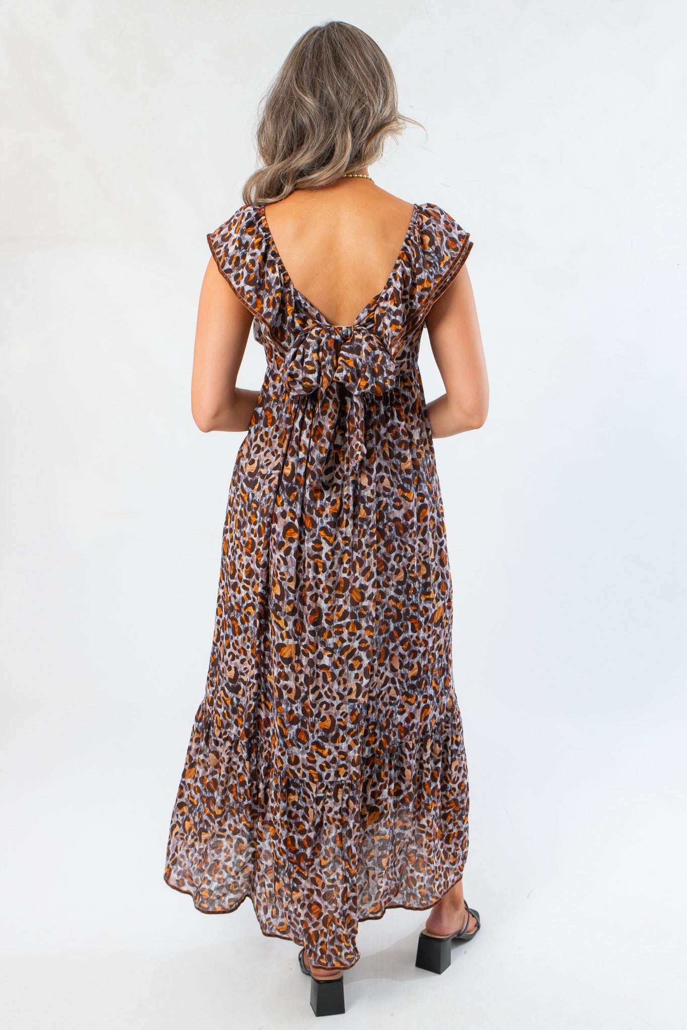 THML Brown Leopard Print Flutter Sleeve Maxi Dress