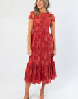Ruby Red Floral Mesh Open Back Midi Dress