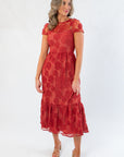Ruby Red Floral Mesh Open Back Midi Dress