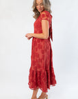 Ruby Red Floral Mesh Open Back Midi Dress