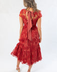 Ruby Red Floral Mesh Open Back Midi Dress