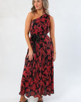 Love Affair One Shoulder Floral Red Midi Dress