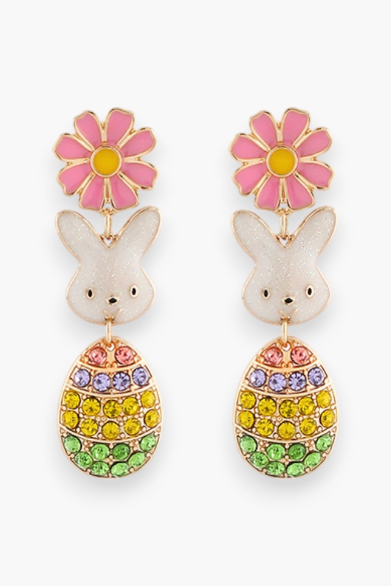 Easter Bunny Trio Drop Earrings featuring a pink flower stud, glittery bunny charm, and colorful rhinestone Easter egg dangle. Perfect festive accessory.