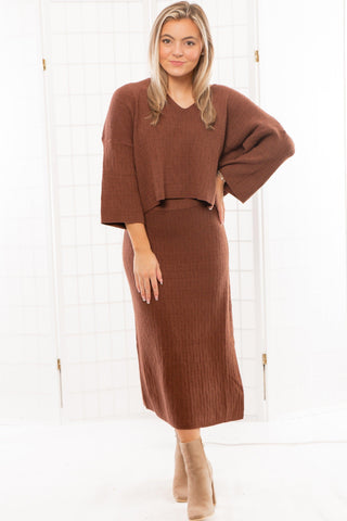 Easton Brown Textured Knit Sweater and Midi Skirt Set-Onesies-Things Between-L. Mae Boutique & Wild Mabel Clothing