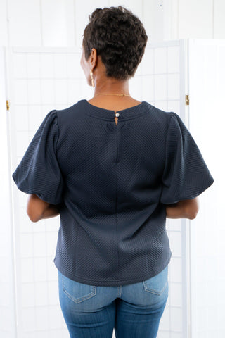 Easy Choice Navy Bubble Sleeve top-Tops-Voy-L. Mae Boutique & Wild Mabel Clothing