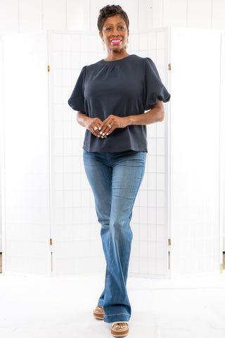 Easy Choice Navy Bubble Sleeve top-Tops-Voy-L. Mae Boutique & Wild Mabel Clothing