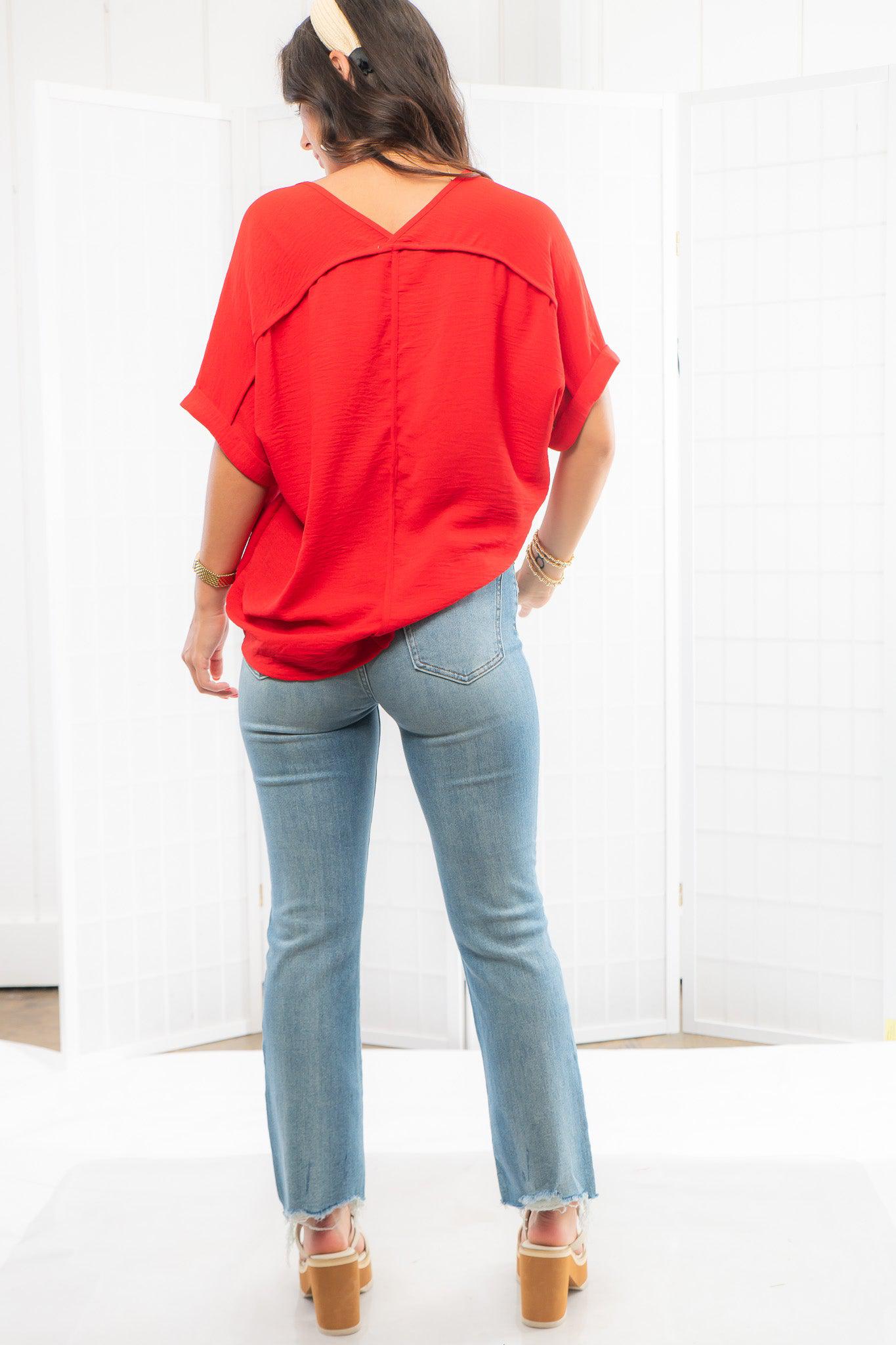 Easy Going Red V-Neck Tee-Tops-She + Sky-L. Mae Boutique & Wild Mabel Clothing