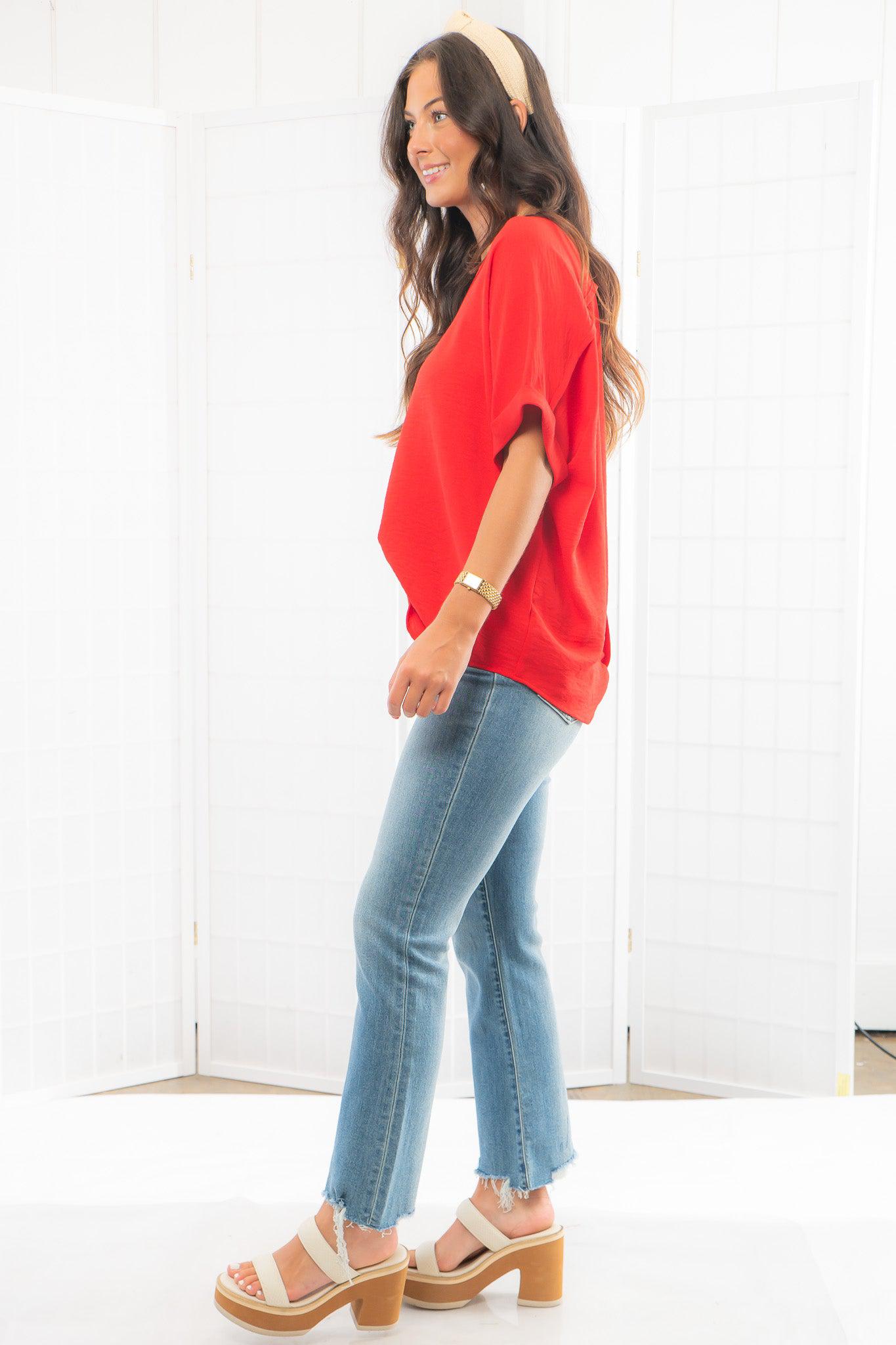 Easy Going Red V-Neck Tee-Tops-She + Sky-L. Mae Boutique & Wild Mabel Clothing