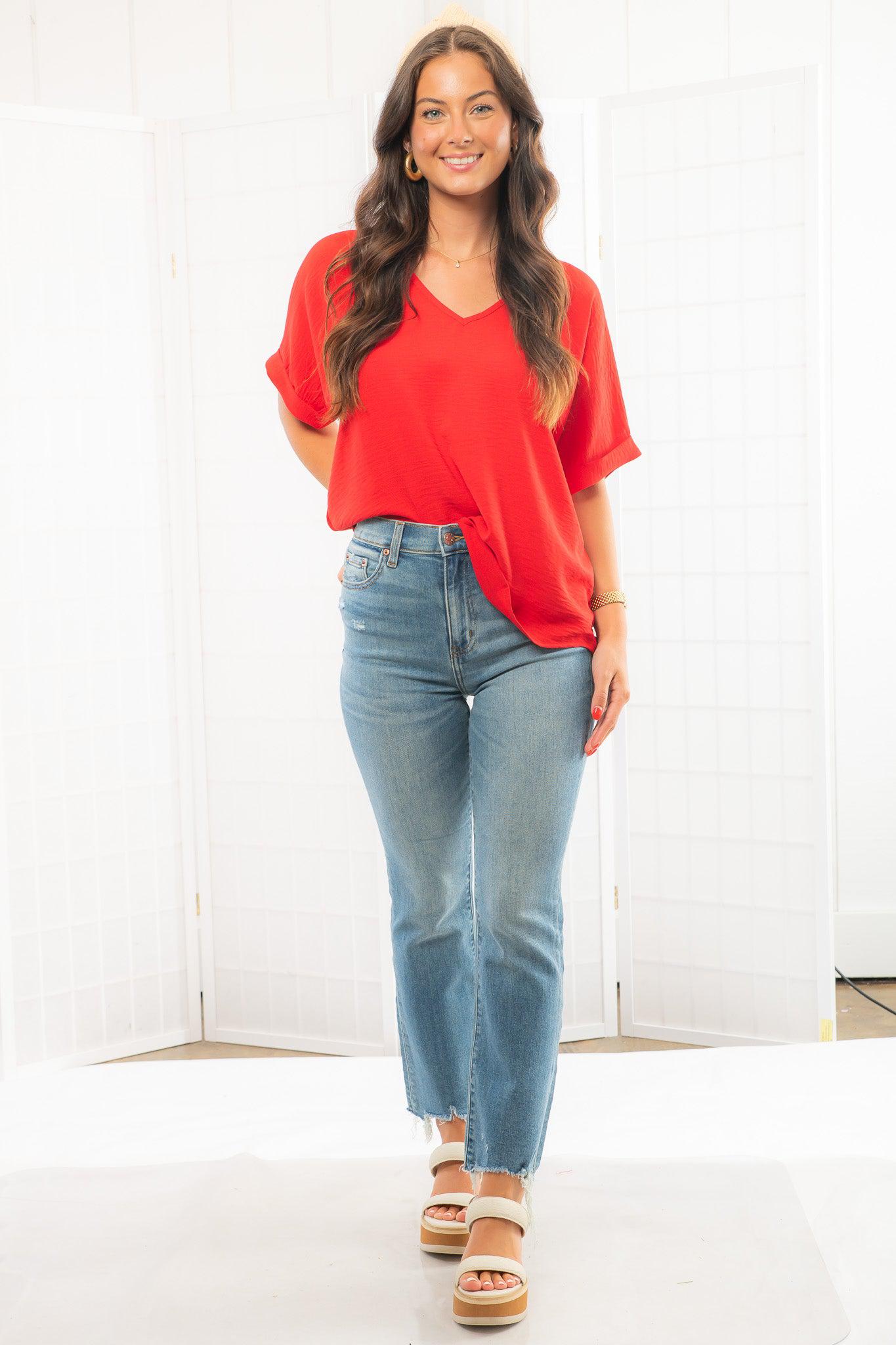 Easy Going Red V-Neck Tee-Tops-She + Sky-L. Mae Boutique &amp; Wild Mabel Clothing