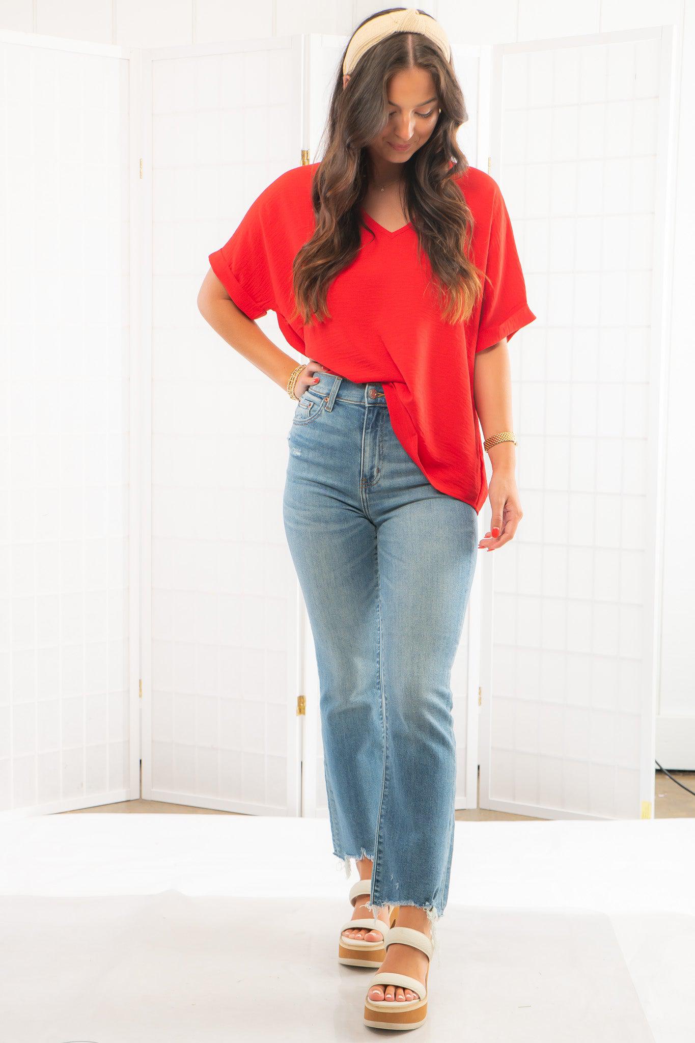 Easy Going Red V-Neck Tee-Tops-She + Sky-L. Mae Boutique &amp; Wild Mabel Clothing