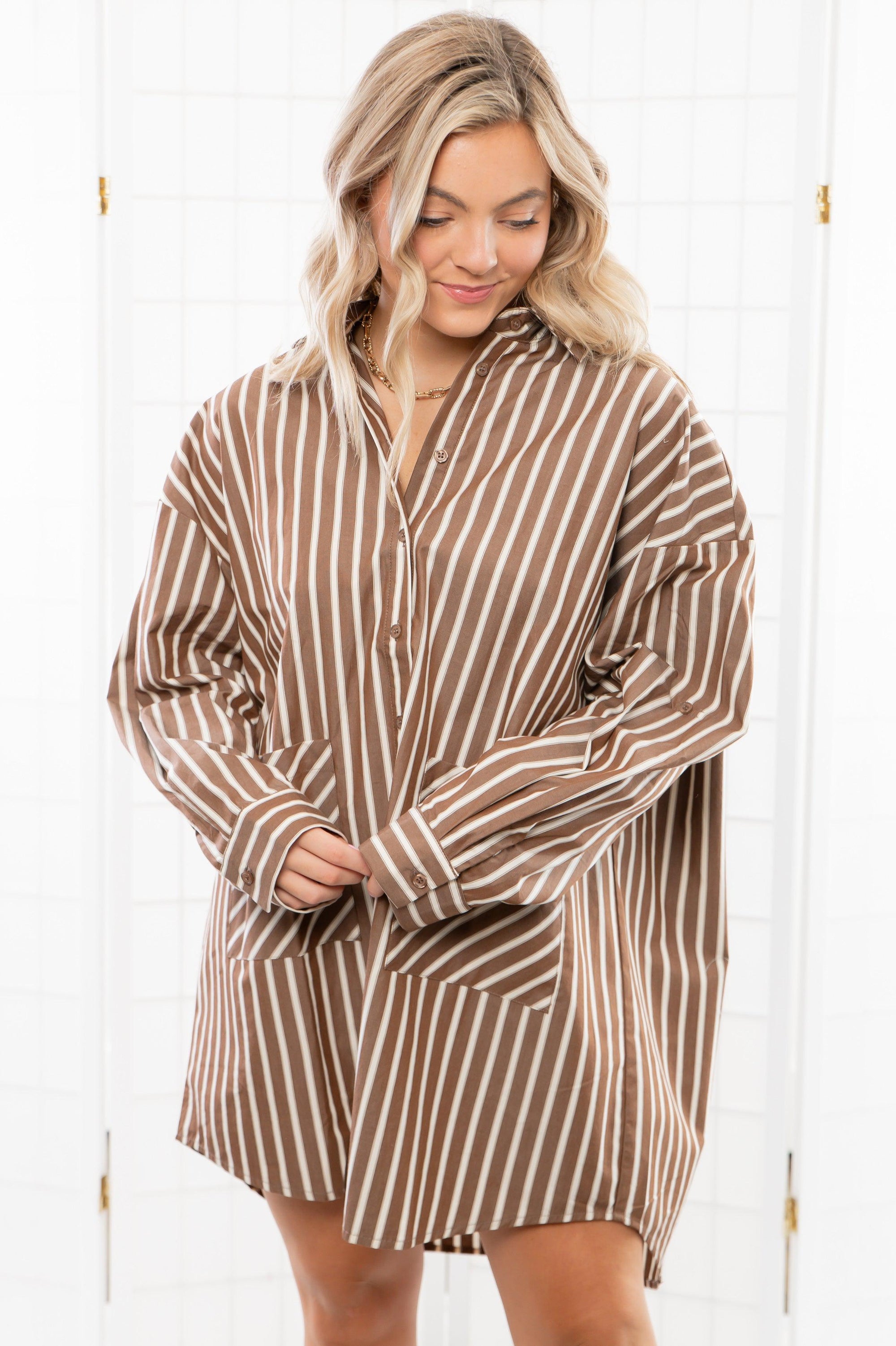 Easy Stripes Brown Oversized Shirt Dress-Dresses-Klesis-L. Mae Boutique & Wild Mabel Clothing