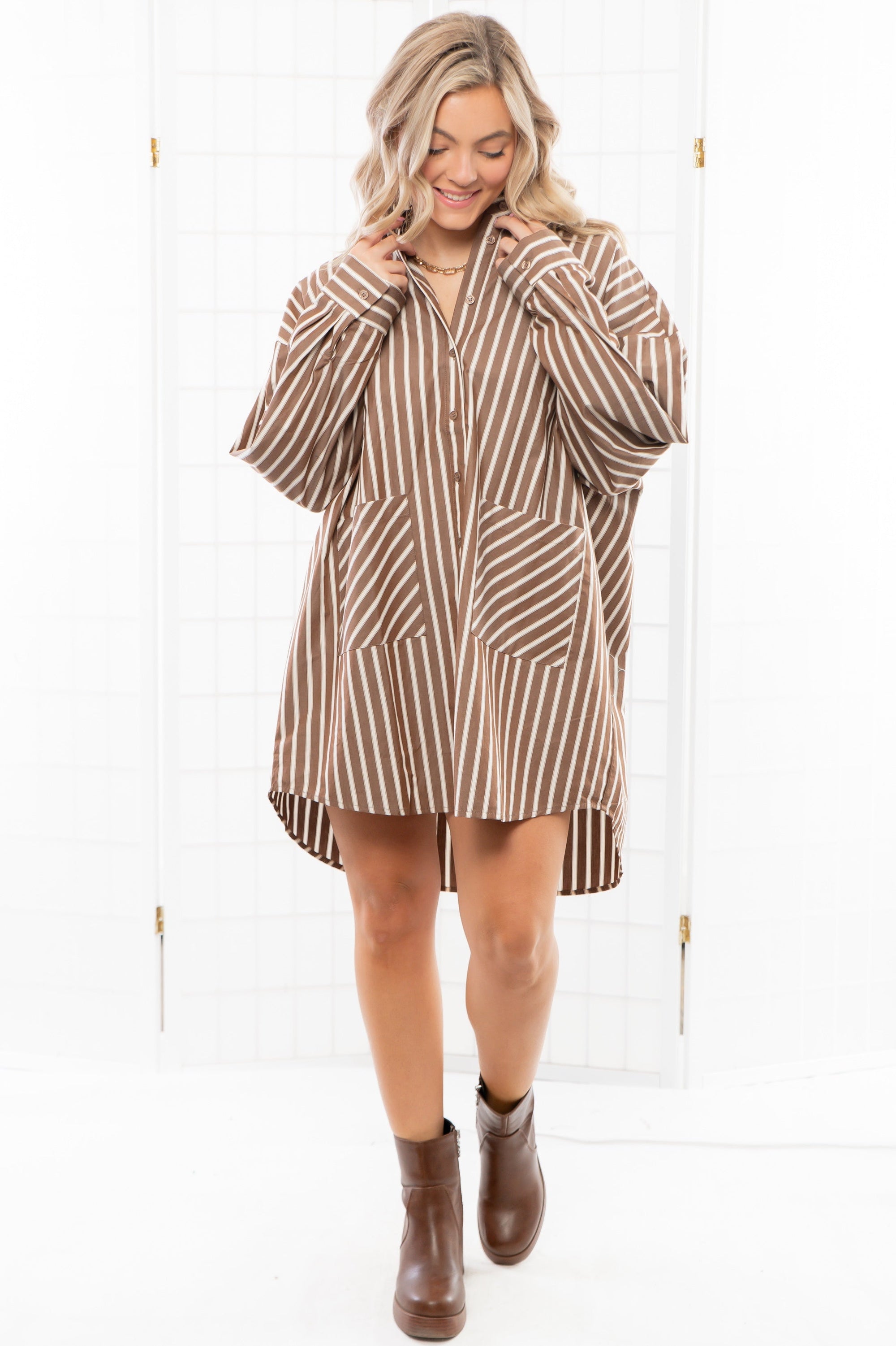 Easy Stripes Brown Oversized Shirt Dress-Dresses-Klesis-L. Mae Boutique &amp; Wild Mabel Clothing