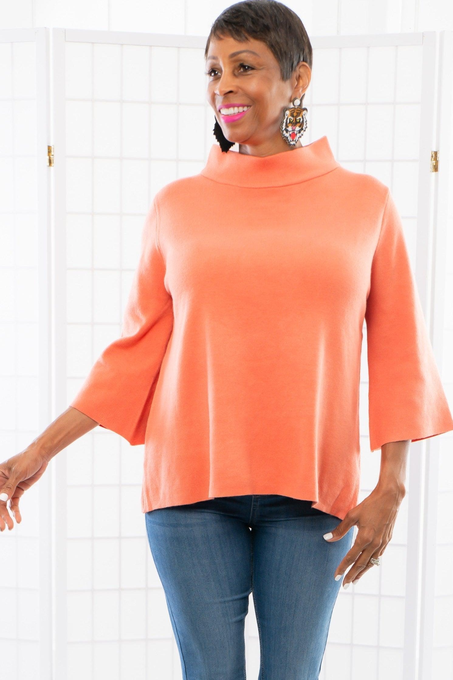 Easy to Love Orange Mock Neck Bell Sleeve Sweater-Tops-Fate-L. Mae Boutique &amp; Wild Mabel Clothing