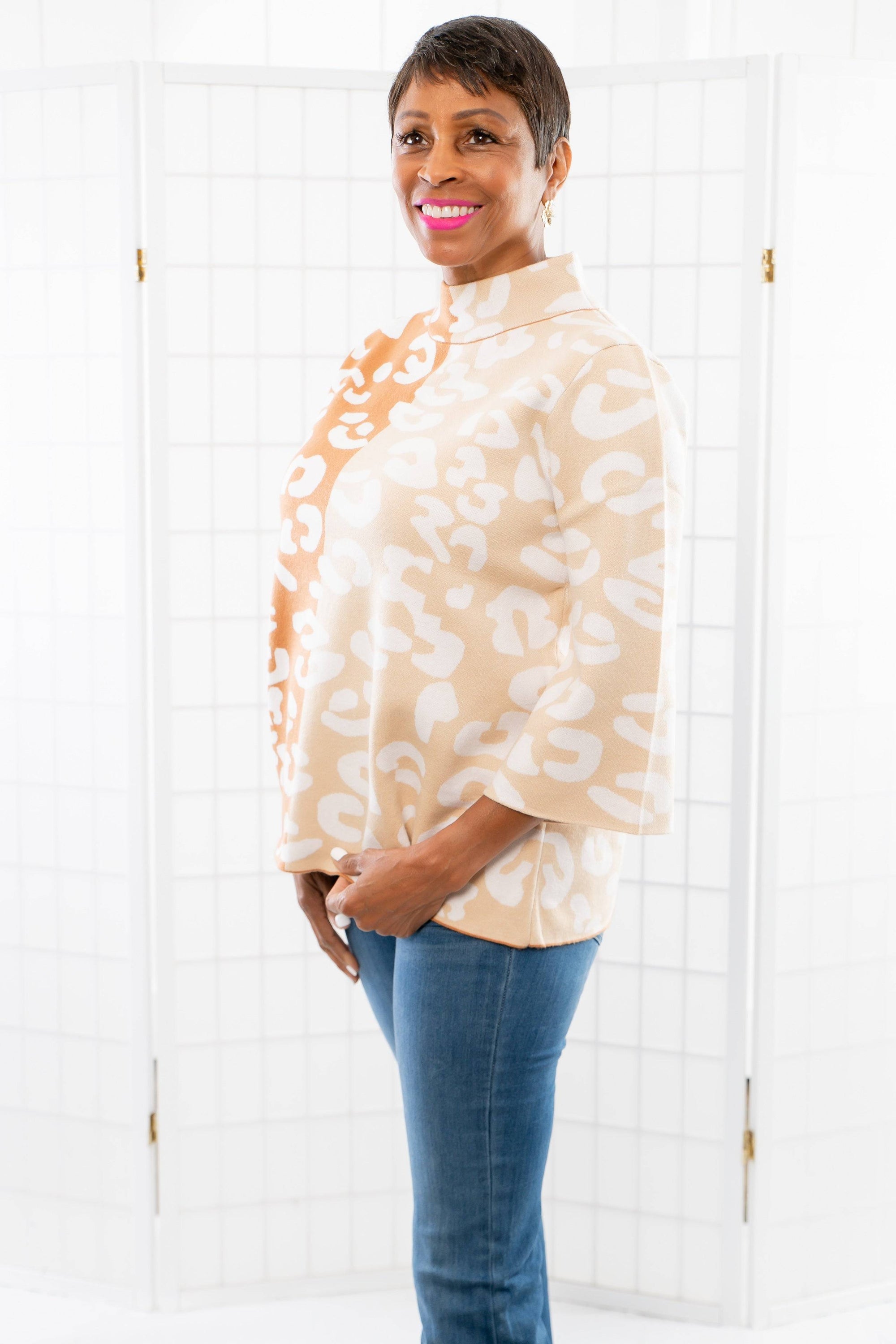 Easy to Love Rust Color Block Cheetah Mock Neck Bell Sleeve Sweater-Tops-Fate-L. Mae Boutique &amp; Wild Mabel Clothing