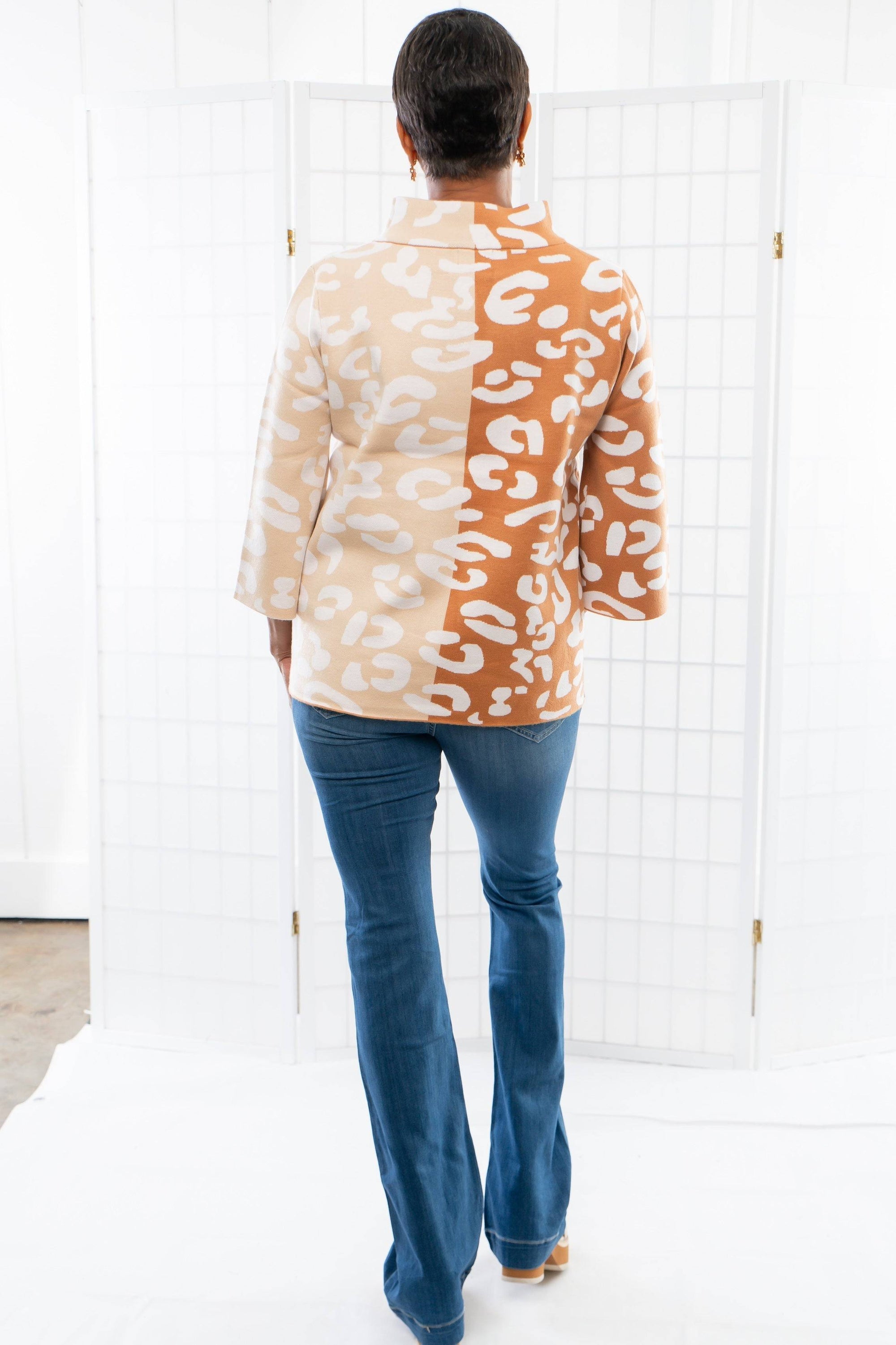 Easy to Love Rust Color Block Cheetah Mock Neck Bell Sleeve Sweater-Tops-Fate-L. Mae Boutique &amp; Wild Mabel Clothing