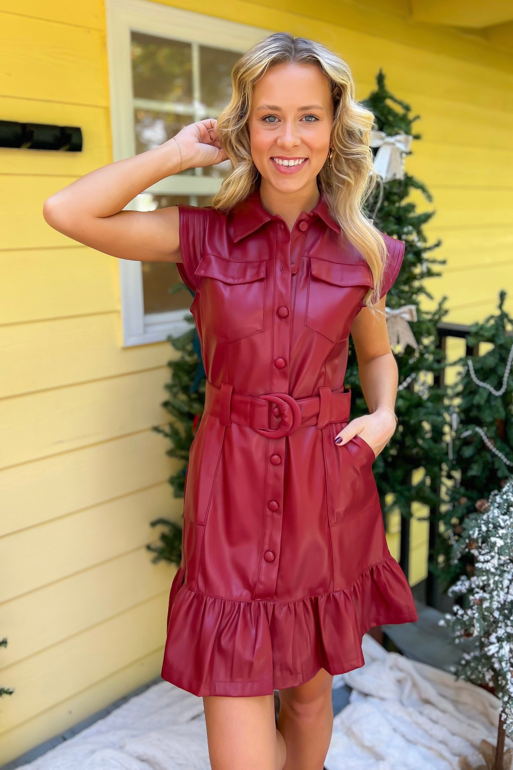 Eclair Red Belted Faux Leather Mini Dress-Dresses-Fate-L. Mae Boutique & Wild Mabel Clothing