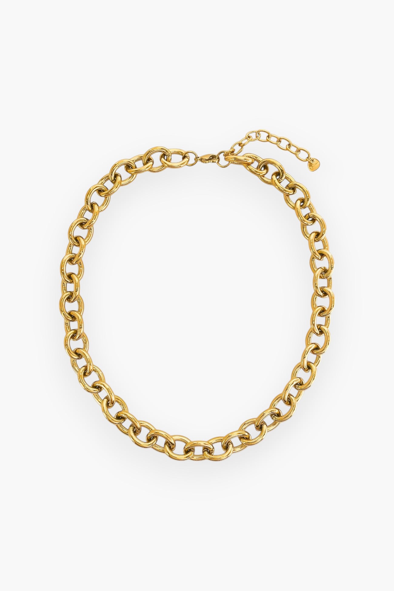 Ellie Gold Chunky Curb Chain Necklace displayed against a white background. Features an adjustable clasp and thick gold-plated links for a modern look.