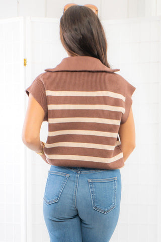 Espresso Striped Knit Sleeveless Quarter Zip Sweater-Tops-Entro-L. Mae Boutique & Wild Mabel Clothing