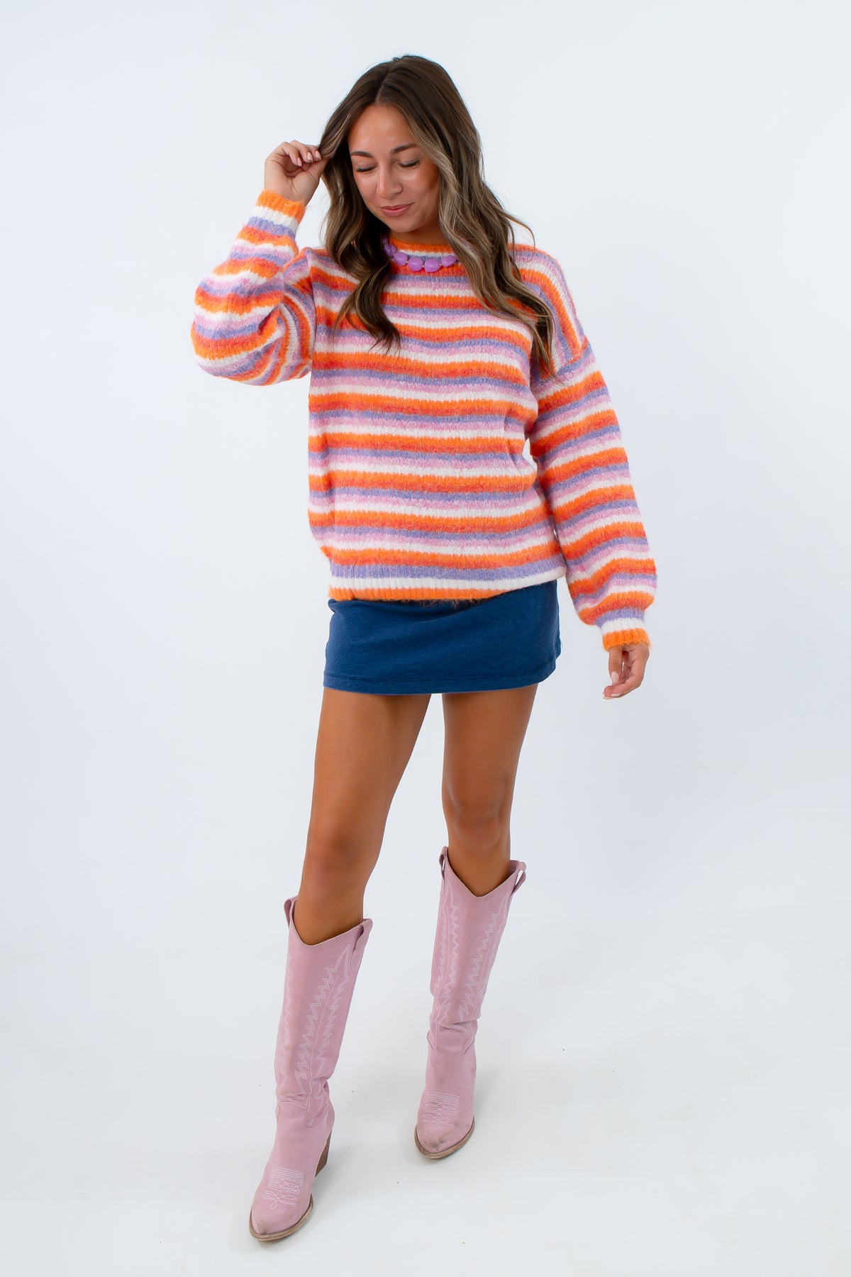 Lightweight soft knit sweater perfect for fall casual wear, colorful striped sweater for women, clemson game day sweater