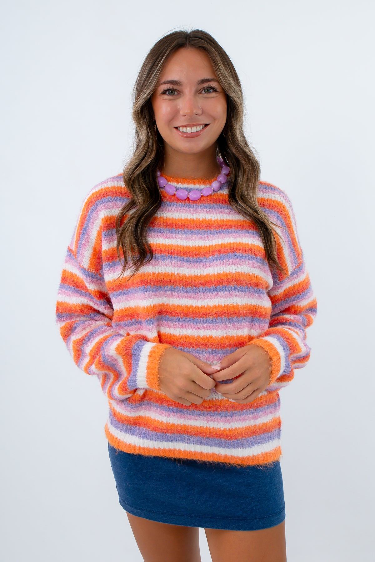 Orange purple and white striped long sleeve sweater for Clemson game day, colorful lightweight sweater for fall