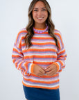 Orange purple and white striped long sleeve sweater for Clemson game day, colorful lightweight sweater for fall