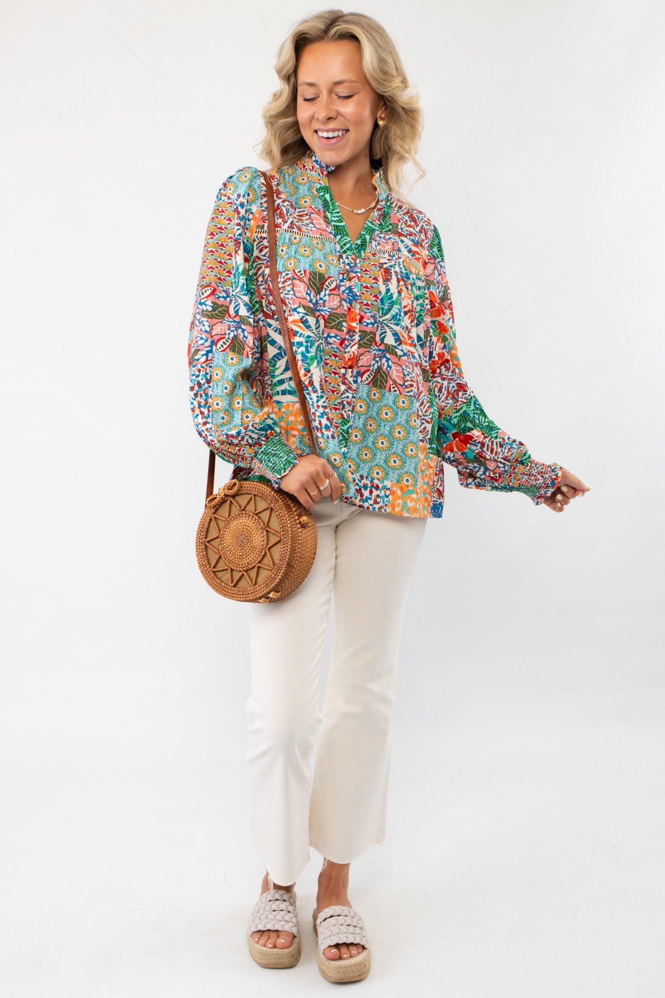 FA Ivory Multi Patchwork Print Blouse LM with vibrant floral and geometric patterns, long sleeves, and a relaxed fit. Perfect for spring and summer styling.