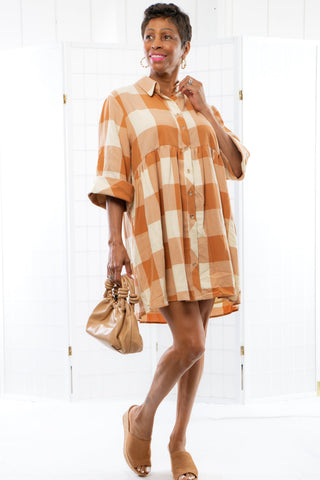 Fall Fields Camel Checkered Mini Dress-Dresses-Entro-L. Mae Boutique & Wild Mabel Clothing