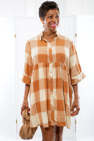 Fall Fields Camel Checkered Mini Dress-Dresses-Entro-L. Mae Boutique & Wild Mabel Clothing