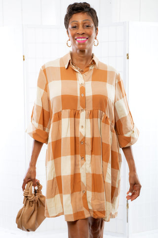 Fall Fields Camel Checkered Mini Dress-Dresses-Entro-L. Mae Boutique & Wild Mabel Clothing