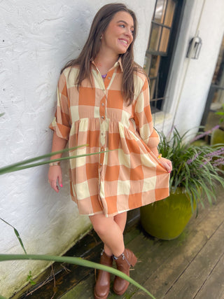 Fall Fields Camel Checkered Mini Dress-Dresses-Entro-L. Mae Boutique & Wild Mabel Clothing