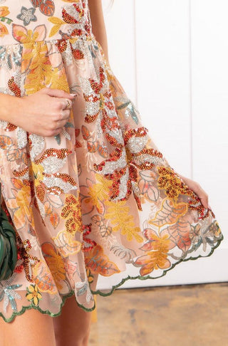 Fall Sequin Floral Print Sleeveless Mini Dress-Storia-L. Mae Boutique