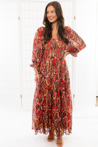 Fall Spice Crinkle Chiffon Smocked Midi Dress-Dresses-Fate-L. Mae Boutique & Wild Mabel Clothing