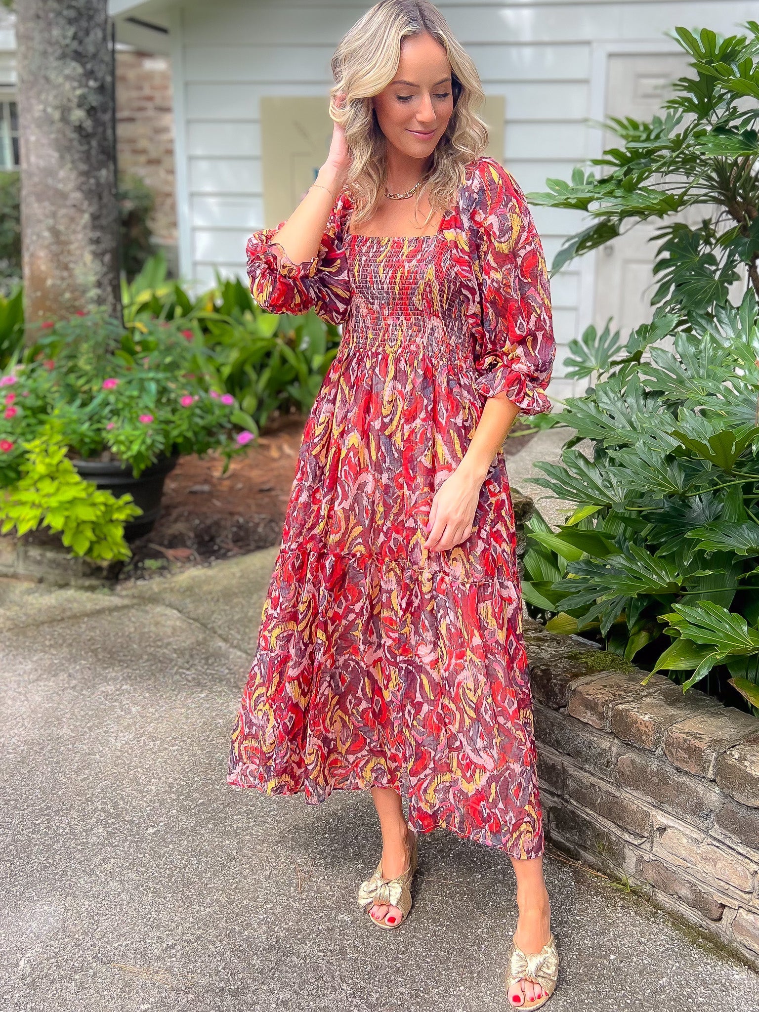 Fall Spice Crinkle Chiffon Smocked Midi Dress-Dresses-Fate-L. Mae Boutique & Wild Mabel Clothing