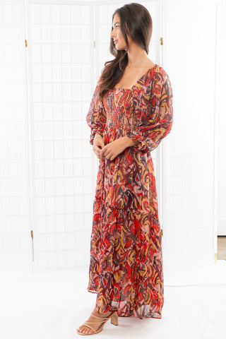 Fall Spice Crinkle Chiffon Smocked Midi Dress-Dresses-Fate-L. Mae Boutique & Wild Mabel Clothing