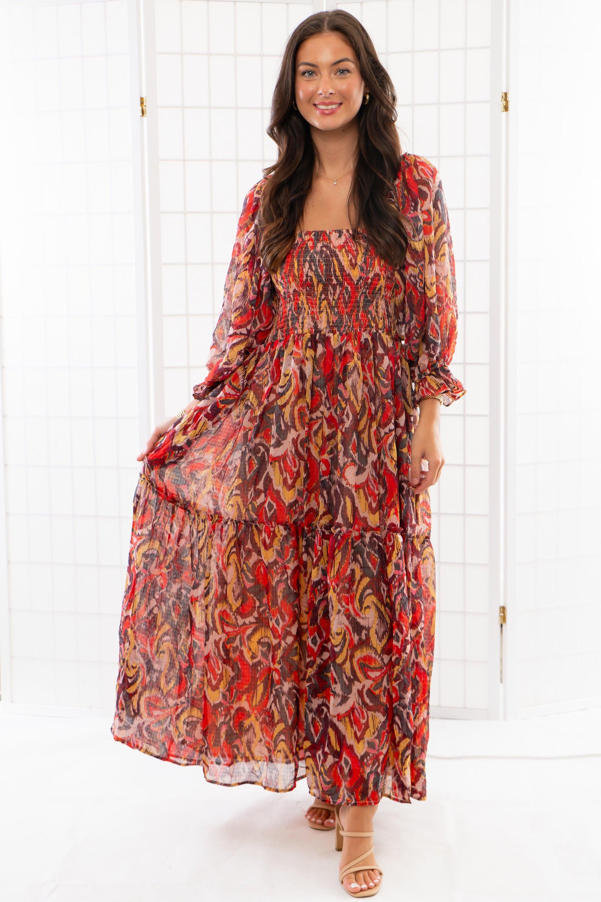 Fall Spice Crinkle Chiffon Smocked Midi Dress-Dresses-Fate-L. Mae Boutique &amp; Wild Mabel Clothing