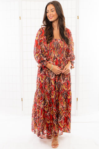 Fall Spice Crinkle Chiffon Smocked Midi Dress-Dresses-Fate-L. Mae Boutique & Wild Mabel Clothing