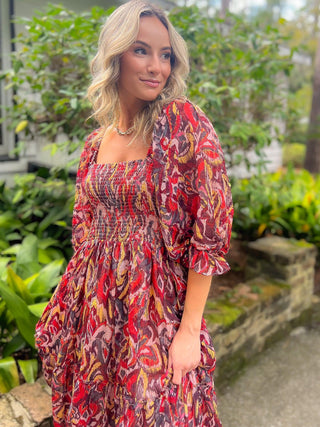 Fall Spice Crinkle Chiffon Smocked Midi Dress-Dresses-Fate-L. Mae Boutique & Wild Mabel Clothing