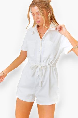 Farmer's Market White Button Down Boxy Denim Tie Waist romper-Onesies-day + moon-L. Mae Boutique & Wild Mabel Clothing