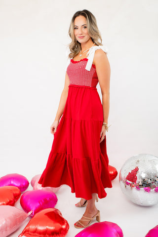 Feel the Love Red Smocked Tie Shoulder Maxi Dress-Dresses-ODDI-L. Mae Boutique & Wild Mabel Clothing