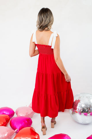 Feel the Love Red Smocked Tie Shoulder Maxi Dress-Dresses-ODDI-L. Mae Boutique & Wild Mabel Clothing