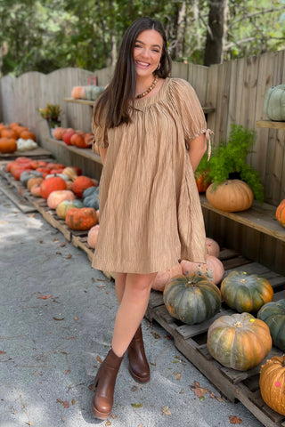 Feeling Grateful Mocha Textured Babydoll Dress-Dresses-Entro-L. Mae Boutique & Wild Mabel Clothing