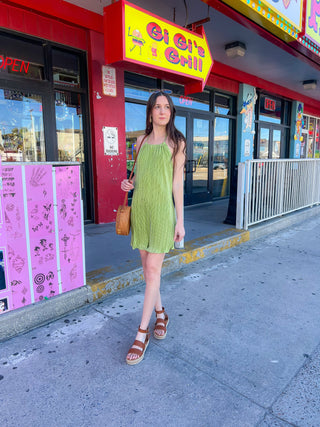 Feeling Lucky Green Pleated Halter Neck Mini Dress-Dresses-Needii-L. Mae Boutique & Wild Mabel Clothing