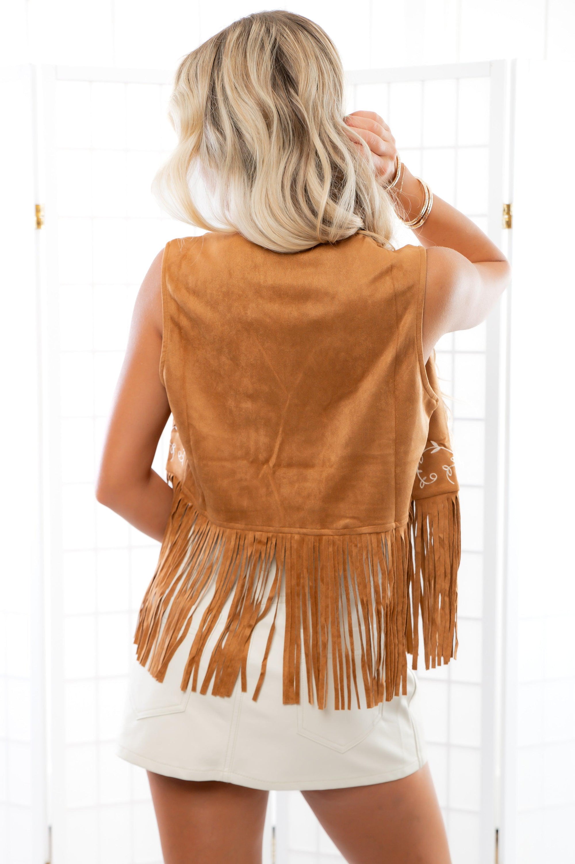 Fleetwood Camel Suede Embroidered Fringe Vest-Outerwear-Vocal-L. Mae Boutique &amp; Wild Mabel Clothing