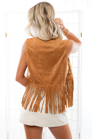 Fleetwood Camel Suede Embroidered Fringe Vest-Outerwear-Vocal-L. Mae Boutique & Wild Mabel Clothing