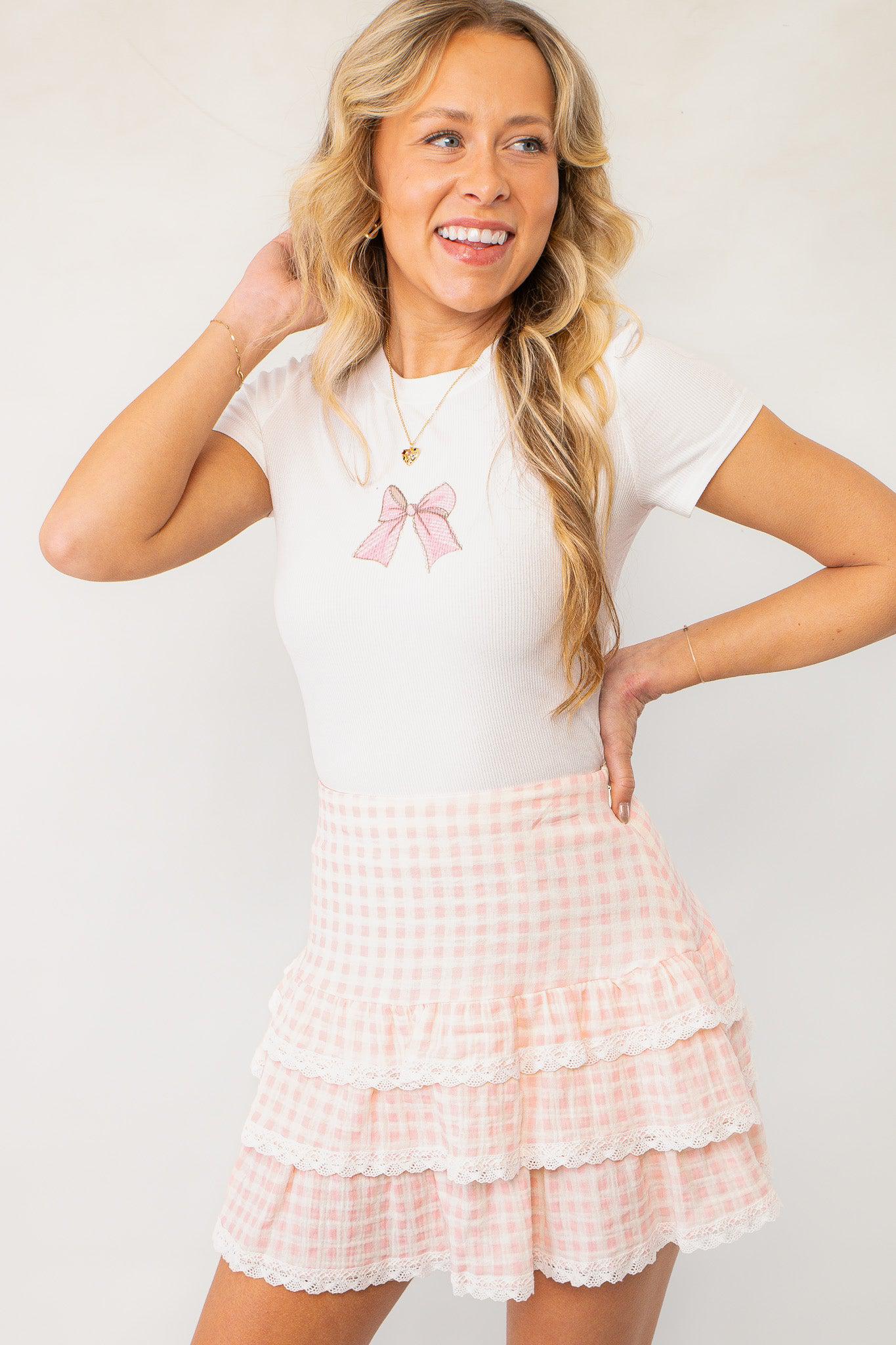 Flirty Occasion Pink Gingham Tiered Skirt-Bottoms-Polagram-L. Mae Boutique & Wild Mabel Clothing