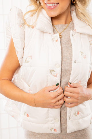 Floral Embroidered Ivory Ruffle Sleeve Puffer Vest-Tops-Heyson-L. Mae Boutique & Wild Mabel Clothing