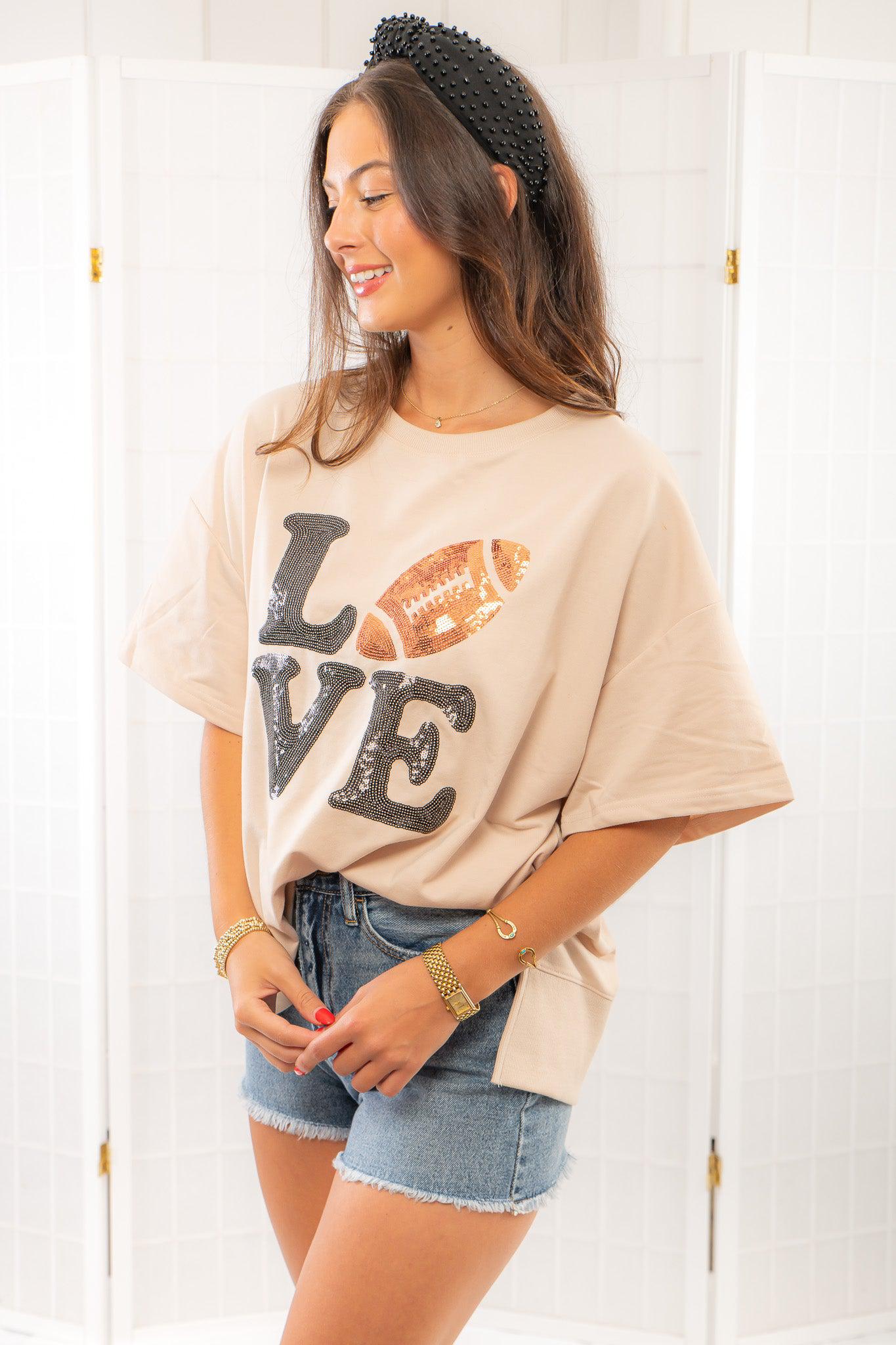 For the Love of Football Sequin Football T-Shirt-Tops-WHY Dress-L. Mae Boutique &amp; Wild Mabel Clothing