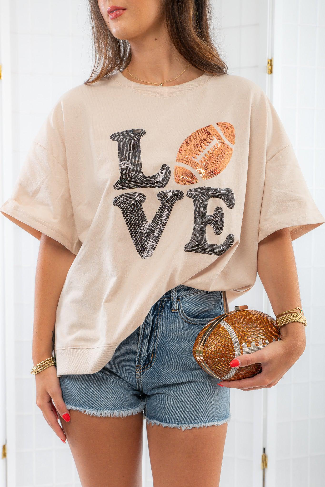 For the Love of Football Sequin Football T-Shirt-Tops-WHY Dress-L. Mae Boutique & Wild Mabel Clothing